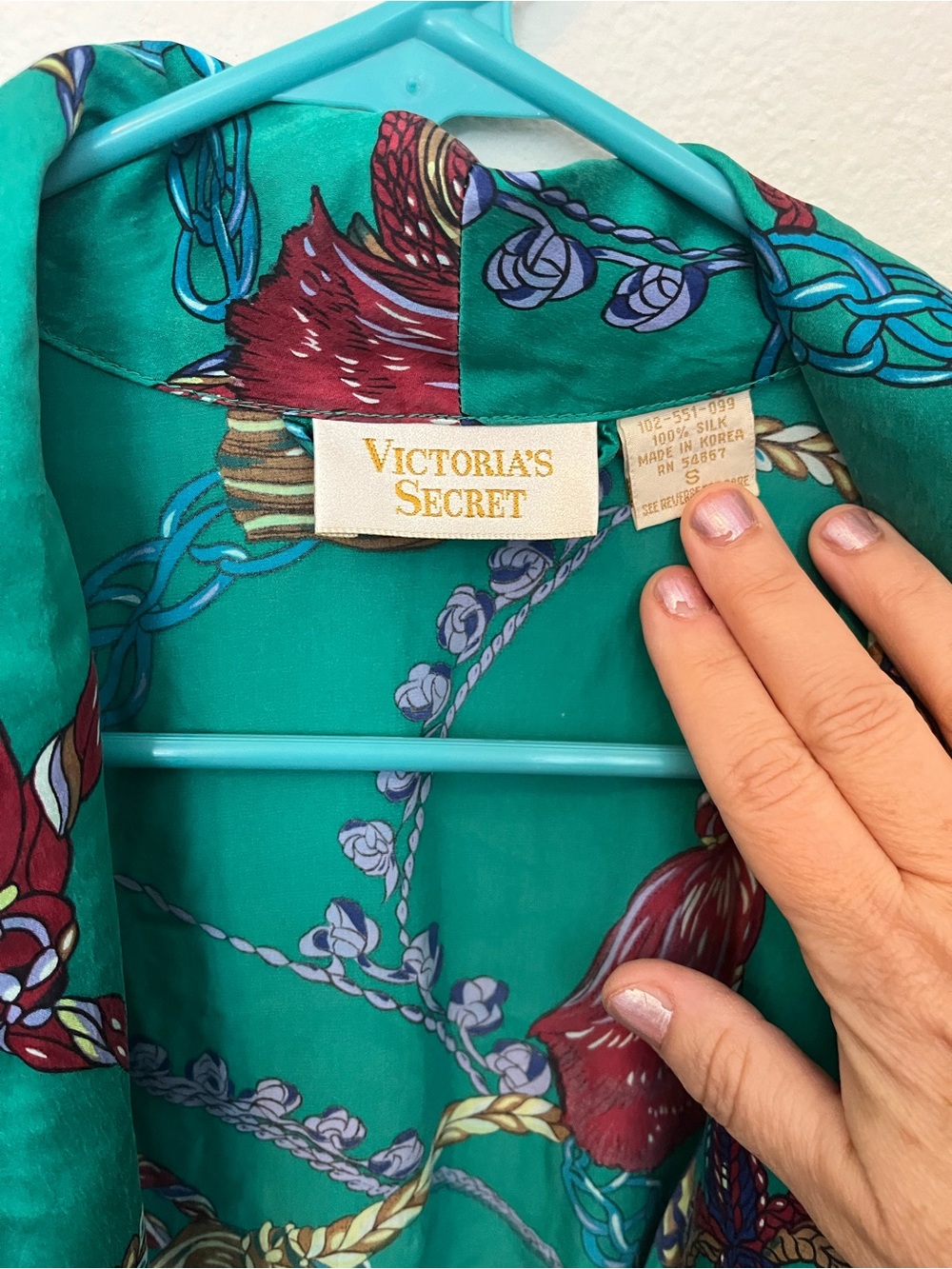 Vintage 100% Silk Victoria's Secret Teal Floral Print Satin Robe - Picture 5 of 5